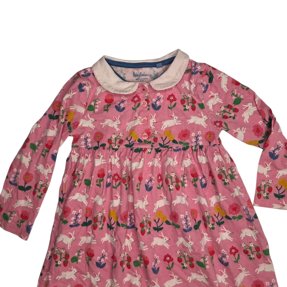 Baby Boden Pink Floral & Bunny Peter Pan Collar Dress